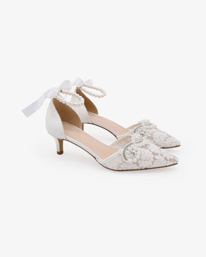 Crochet Lace Pointy Toe Wedding Kitten Low Heel with Small Pearls Applique