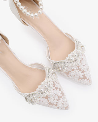 Crochet Lace Pointy Toe Wedding Kitten Low Heel with Small Pearls Applique