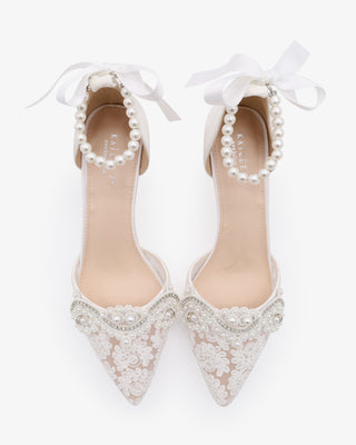 Crochet Lace Pointy Toe Wedding Kitten Low Heel with Small Pearls Applique