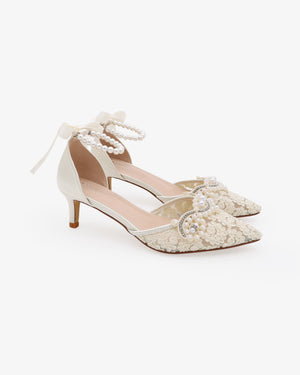 Crochet Lace Pointy Toe Wedding Kitten Low Heel with Small Pearls Applique