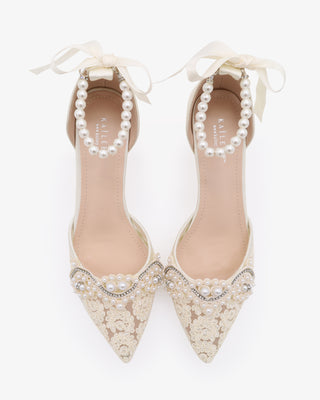 Crochet Lace Pointy Toe Wedding Kitten Low Heel with Small Pearls Applique