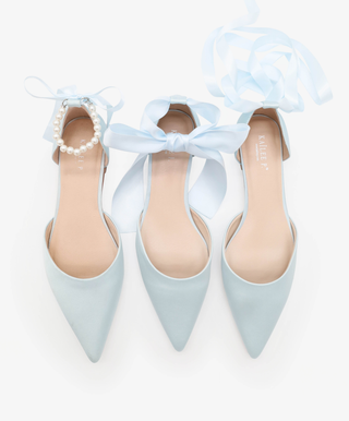 Satin Pointy Toe Bridal Flats with Ribbon Tie or Pearls Strap