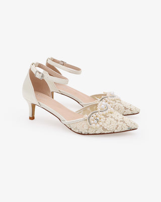 Crochet Lace Pointy Toe Wedding Kitten Low Heel with Small Pearls Applique