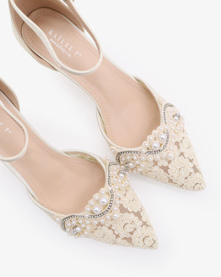 Crochet Lace Pointy Toe Wedding Kitten Low Heel with Small Pearls Applique