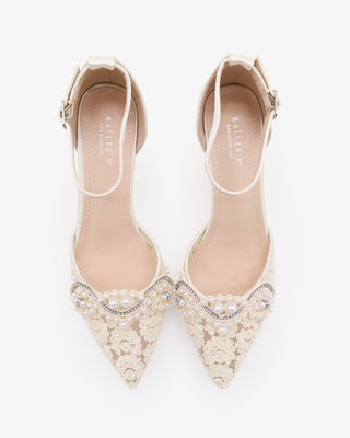 Crochet Lace Pointy Toe Wedding Kitten Low Heel with Small Pearls Applique
