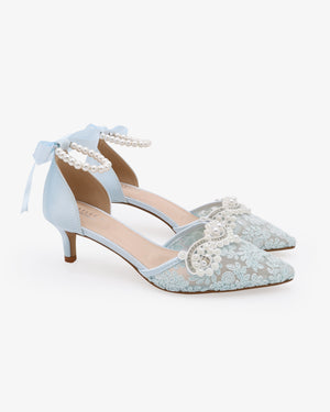Crochet Lace Pointy Toe Wedding Kitten Low Heel with Small Pearls Applique