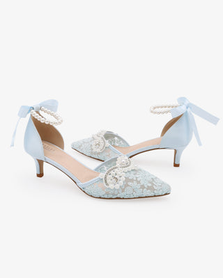 Crochet Lace Pointy Toe Wedding Kitten Low Heel with Small Pearls Applique