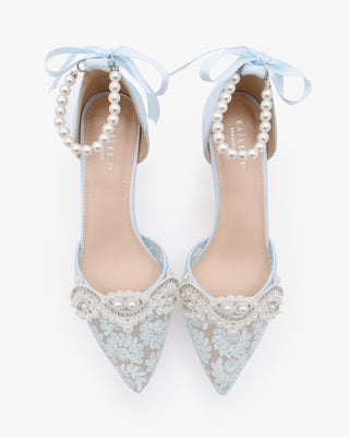 Crochet Lace Pointy Toe Wedding Kitten Low Heel with Small Pearls Applique