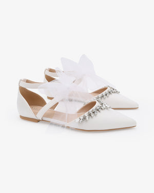 Satin Pointy Toe Flats with Starlet Rhinestones Embellishment and Tulle Bow Tie