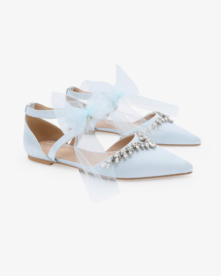 Light Blue Satin Pointy Toe Flats with Starlet Rhinestones Embellishment and Tulle Bow Tie