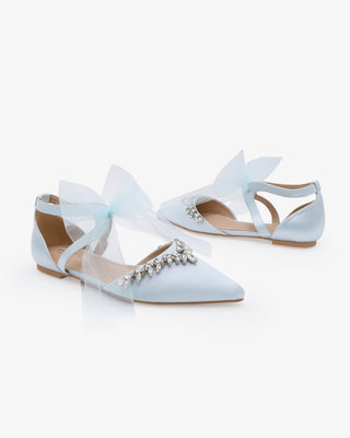 Light Blue Satin Pointy Toe Flats with Starlet Rhinestones Embellishment and Tulle Bow Tie