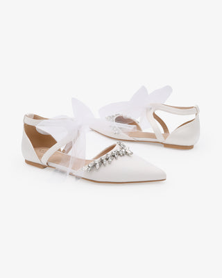 Satin Pointy Toe Flats with Starlet Rhinestones Embellishment and Tulle Bow TieWomen Shoes