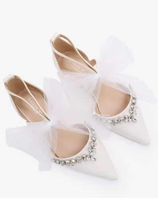 Satin Pointy Toe Flats with Starlet Rhinestones Embellishment and Tulle Bow TieWomen Shoes