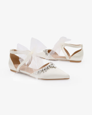 Ivory Satin Pointy Toe Flats with Starlet Rhinestones Embellishment and Tulle Bow Tie