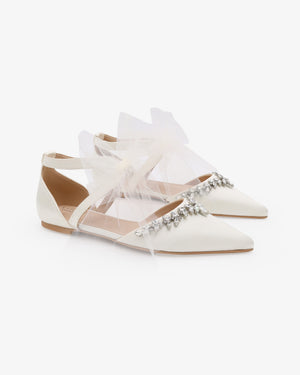 Satin Pointy Toe Flats with Starlet Rhinestones Embellishment and Tulle Bow Tie