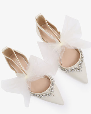 Ivory Satin Pointy Toe Flats with Starlet Rhinestones Embellishment and Tulle Bow Tie