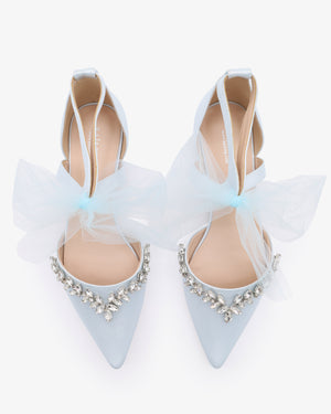 Satin Pointy Toe Flats with Starlet Rhinestones Embellishment and Tulle Bow Tie