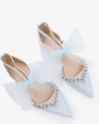 Light Blue Satin Pointy Toe Flats with Starlet Rhinestones Embellishment and Tulle Bow Tie