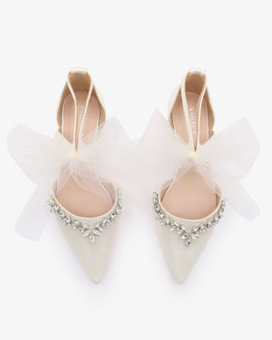 Satin Pointy Toe Flats with Starlet Rhinestones Embellishment and Tulle Bow Tie