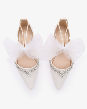 Satin Pointy Toe Flats with Starlet Rhinestones Embellishment and Tulle Bow Tie