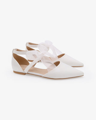 White Satin Pointy Toe Flats with Chiffon Ribbon Tie