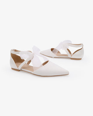 White Satin Pointy Toe Flats with Chiffon Ribbon Tie