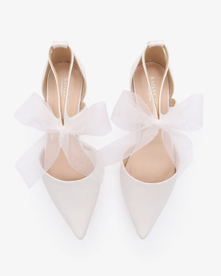 White Satin Pointy Toe Flats with Chiffon Ribbon Tie