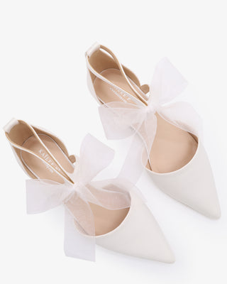 White Satin Pointy Toe Flats with Chiffon Ribbon Tie