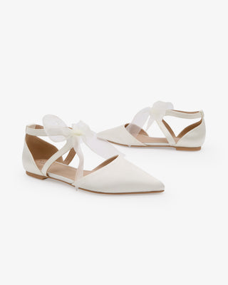Ivory Satin Pointy Toe Flats with Chiffon Ribbon Tie
