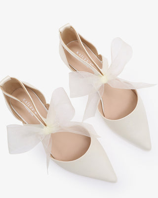 Ivory Satin Pointy Toe Flats with Chiffon Ribbon Tie