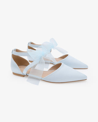Light Blue Satin Pointy Toe Flats with Chiffon Ribbon Tie