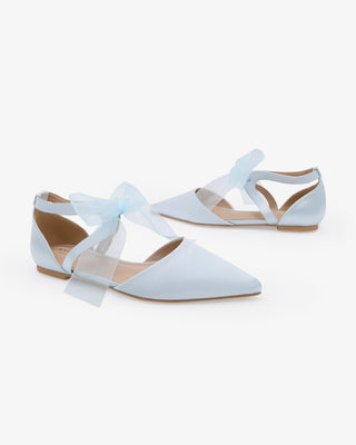 Light Blue Satin Pointy Toe Flats with Chiffon Ribbon Tie
