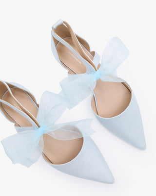 Light Blue Satin Pointy Toe Flats with Chiffon Ribbon Tie