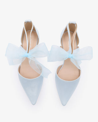 Light Blue Satin Pointy Toe Flats with Chiffon Ribbon Tie