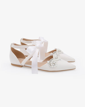 Satin Pointy Toe Flats with Small Pearls Applique Embellishment
