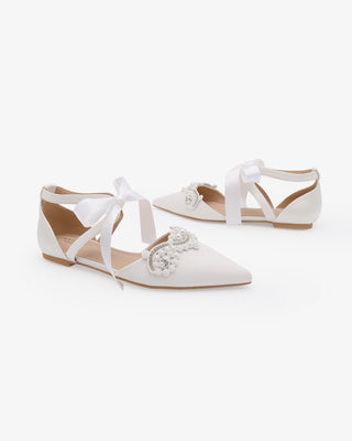 Satin Pointy Toe Flats with Small Pearls Applique EmbellishmentWomen Shoes