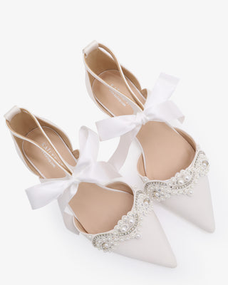Satin Pointy Toe Flats with Small Pearls Applique EmbellishmentWomen Shoes