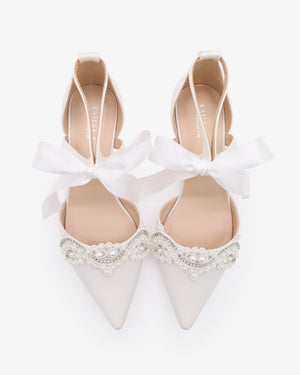 Satin Pointy Toe Flats with Small Pearls Applique Embellishment