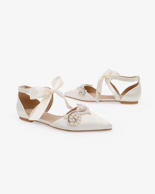 Satin Pointy Toe Flats with Small Pearls Applique EmbellishmentWomen Shoes