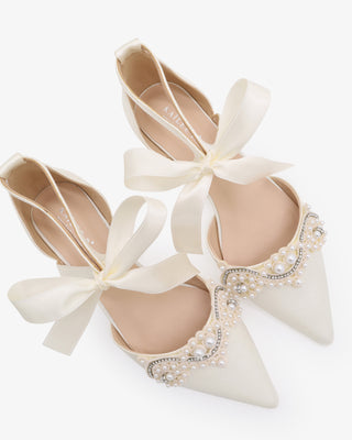 Satin Pointy Toe Flats with Small Pearls Applique EmbellishmentWomen Shoes