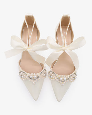 Satin Pointy Toe Flats with Small Pearls Applique Embellishment