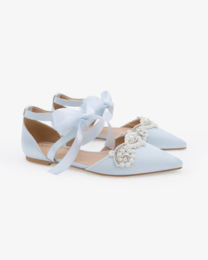 Satin Pointy Toe Flats with Small Pearls Applique Embellishment