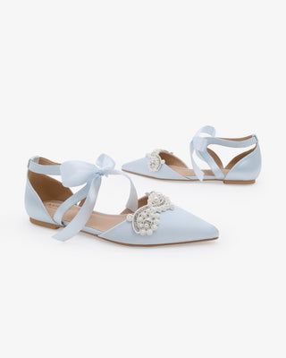 Light Blue Satin Pointy Toe Flats with Small Pearls Applique Embellishment