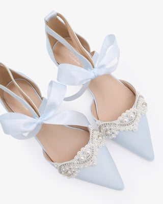 Light Blue Satin Pointy Toe Flats with Small Pearls Applique Embellishment