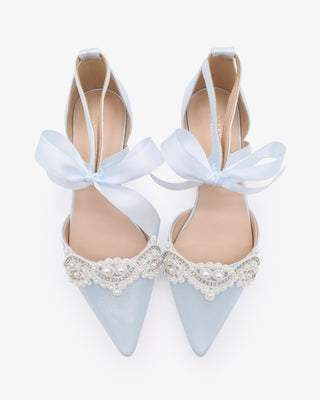 Light Blue Satin Pointy Toe Flats with Small Pearls Applique Embellishment