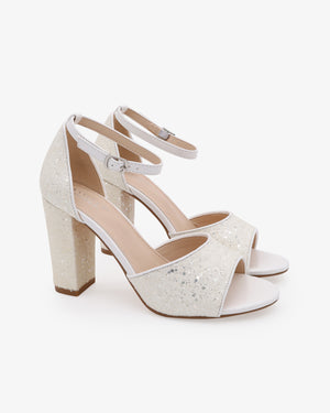 White Sparkly Tall Block Heel Wedding Sandals