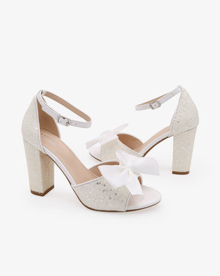 White Glitter Tall Block Heel Wedding Sandals with Satin Bow