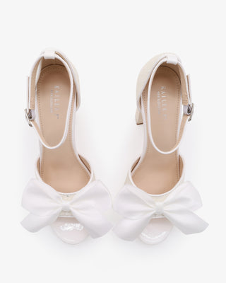 White Glitter Tall Block Heel Wedding Sandals with Satin Bow
