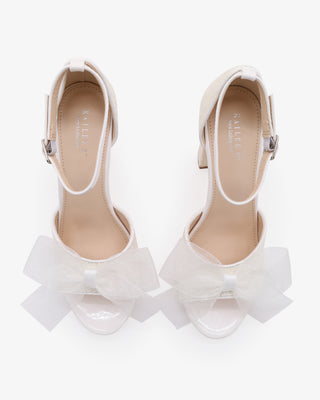 White Glitter Tall Block Heel Wedding Sandals with Sheer Bow