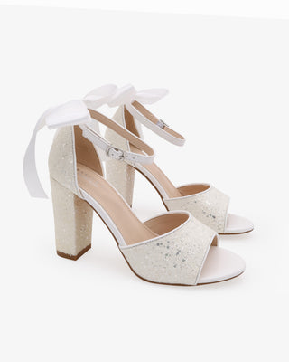 White Wedding Sparkly Tall Block Heel with Long Bow